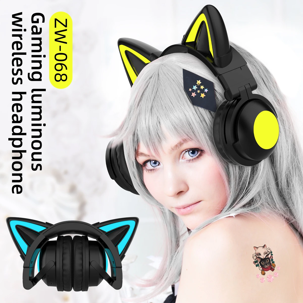 Cat Ear Bluetooth Headset Led - ZW068 Headphone Bluetooth Headset Telinga Kucing