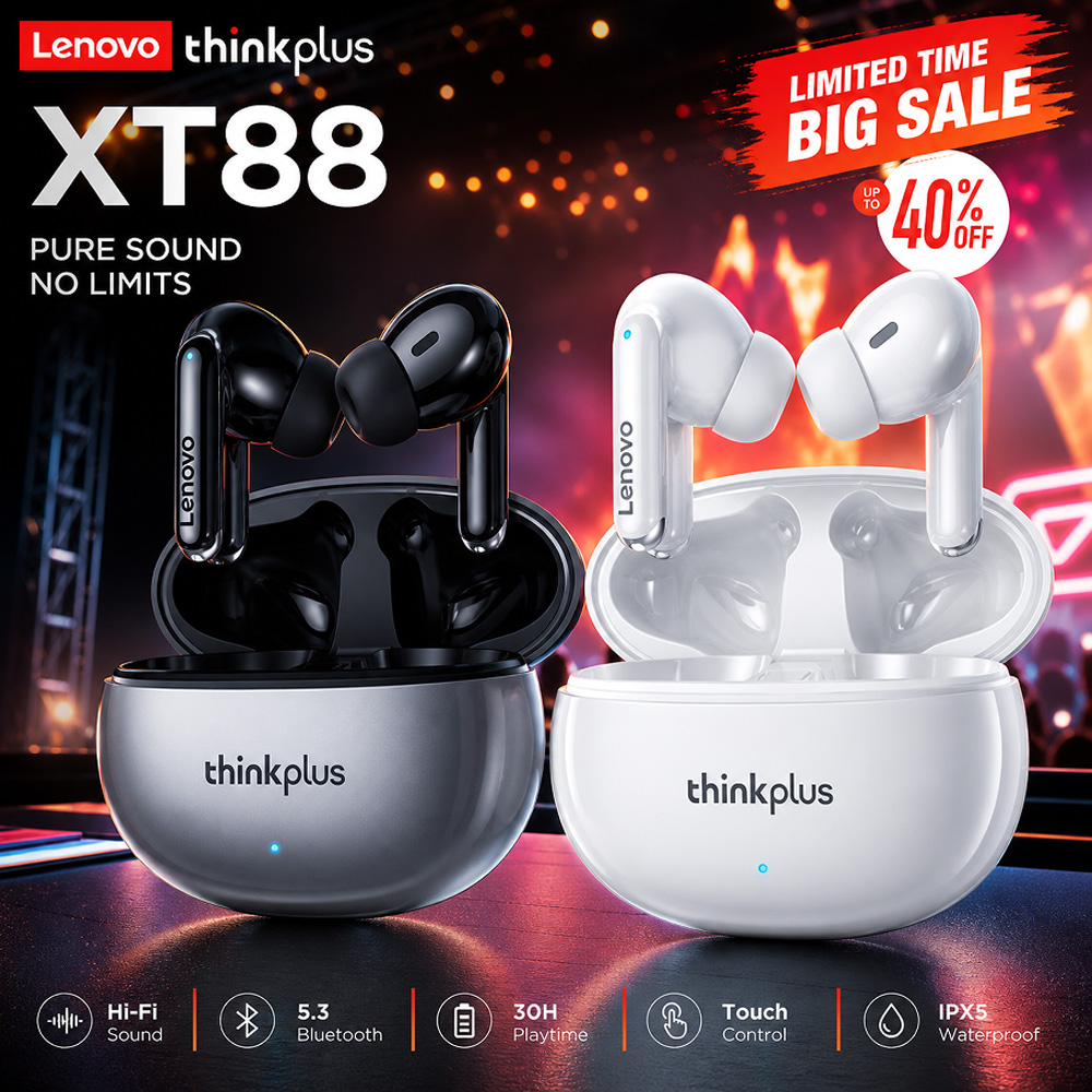 Tws Earbuds Bluetooth 5.3 - Lenovo XT88, Earphone Nirkabel TWS, Bluetooth